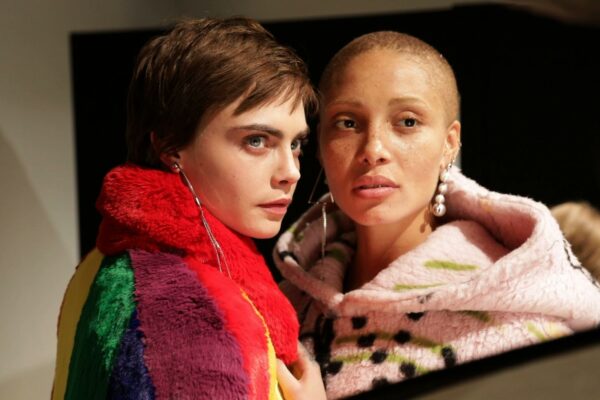 Cara Delevingne and Adwoa Aboah backstage at Burberry final show by Christopher Bailey, makeup by Wendy Rowe