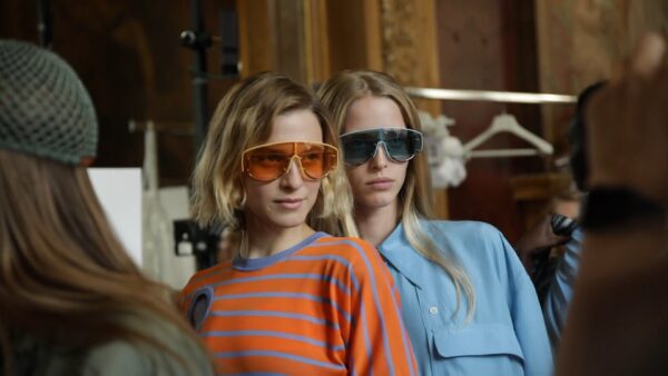 Two models pose in sunglasses at the Stella McCartney Spring Summer 2020 Show in Paris