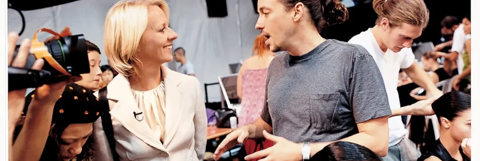 Linda Wells, Founding Editor-in-Chief of Allure Magazine, backstage at the Spring 2003 collections with hairstylist Orlando Pita. Photo by Franz Walderdorff for Allure Magazine ©